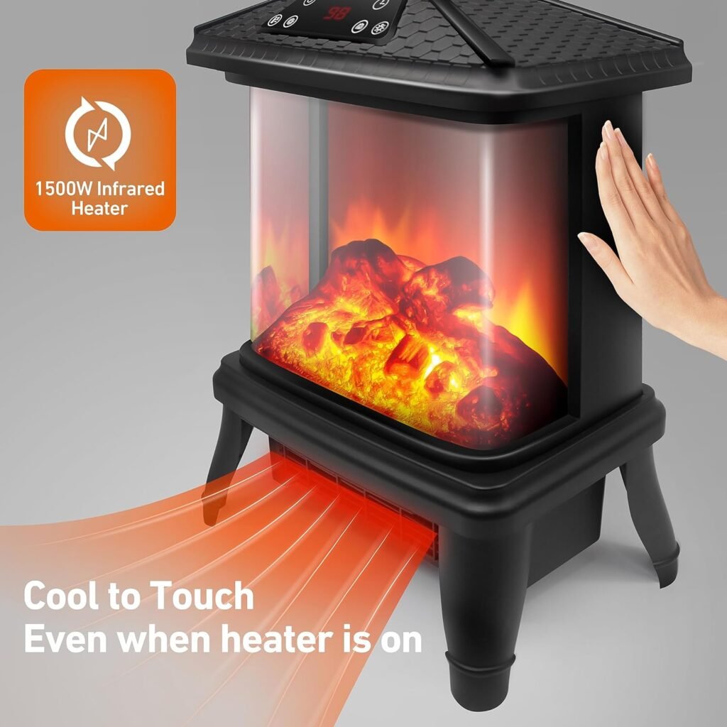 3 Sided Electric Fireplace Heater 1500W Portable 18 Freestanding Stove Heater Realistic 3D Flame Effect 7 Colors Space Heater 12H Timer Overheating Protection with Remote for Indoor Use