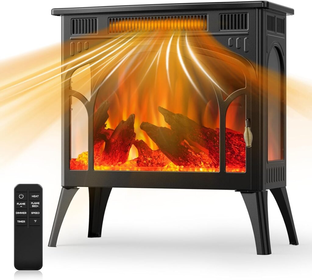 COWSAR Realistic Flame Electric Fireplace Stove, 500/1500W Freestanding Fireplace Heater with Remote Control and Timer, Adjustable Fireplace Stove Flame Color and Speed, Log Set  Crystal Options