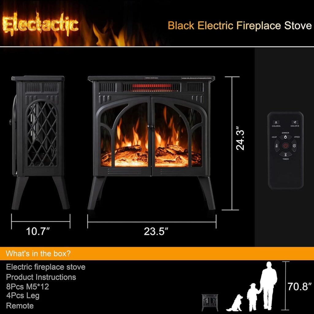 Electactic 24Inch Electric Fireplace Stove , Free-Standing Infrared Fireplace Stove, Controllable 3D Flame, 4 Variable FlameLog Colors, 1500w, 5100BTU, Black (S230B-BLACK), 23.5L X 10.7W X 24.3H