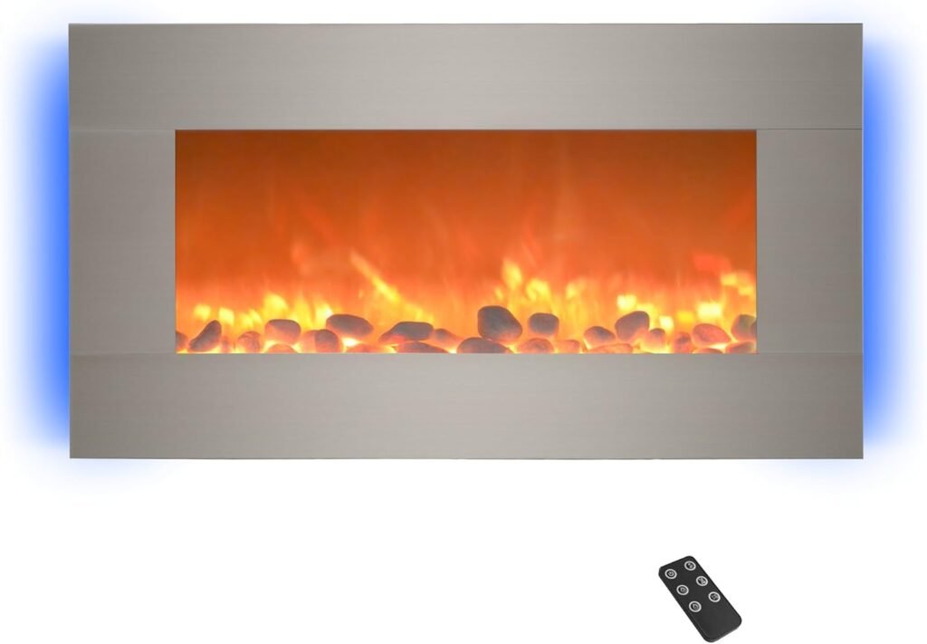 Electric Fireplace - 30 Inch Wall Mounted Fireplace - 13 Backlight Colors and Remote Controlled LED Flames, Heat, and Brightness by Northwest (Silver)