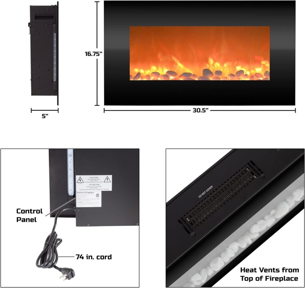 Electric Fireplace - 30 Inch Wall Mounted Fireplace - 13 Backlight Colors and Remote Controlled LED Flames, Heat, and Brightness by Northwest (Black)