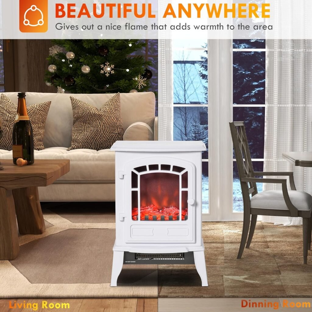 HOMCOM 22 Free Standing Electric Fireplace Stove, Fire Place Heater with Realistic Flame Effect, Overheat Safety Protection, 750W / 1500W, White