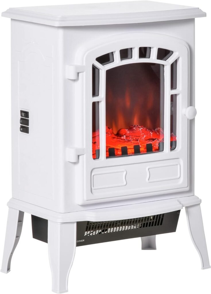 HOMCOM 22 Free Standing Electric Fireplace Stove, Fire Place Heater with Realistic Flame Effect, Overheat Safety Protection, 750W / 1500W, White