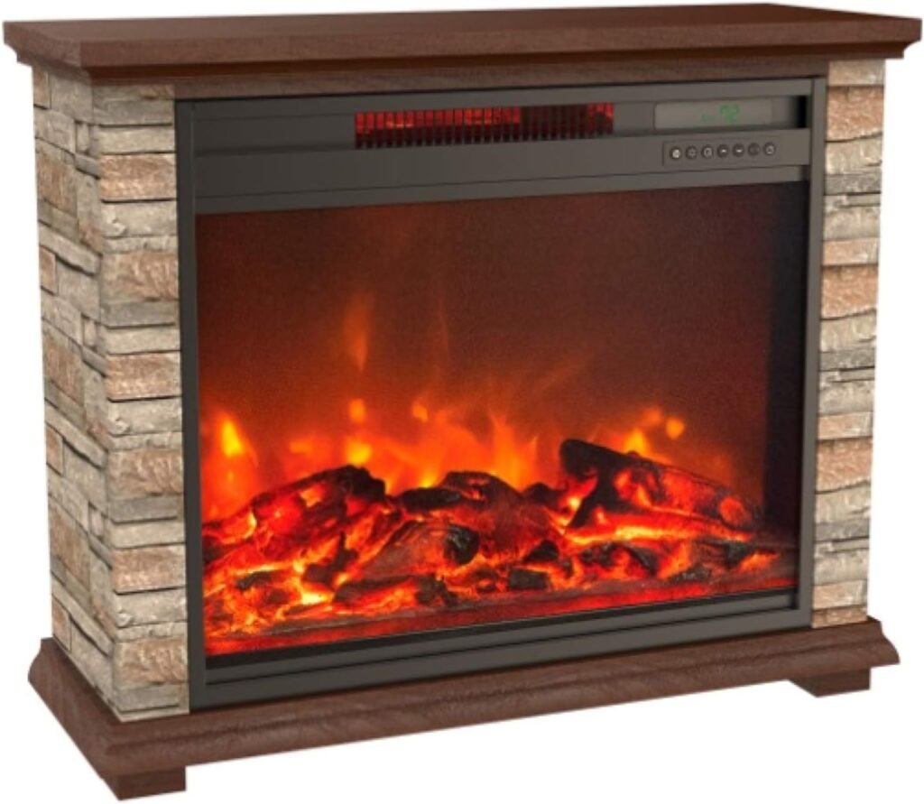 LifeSmart LifePro 1500 Watt Electric Infrared Quartz Fireplace Heater for Indoor Use with 3 Heating Elements and Remote, Faux Stone  Oak Wood