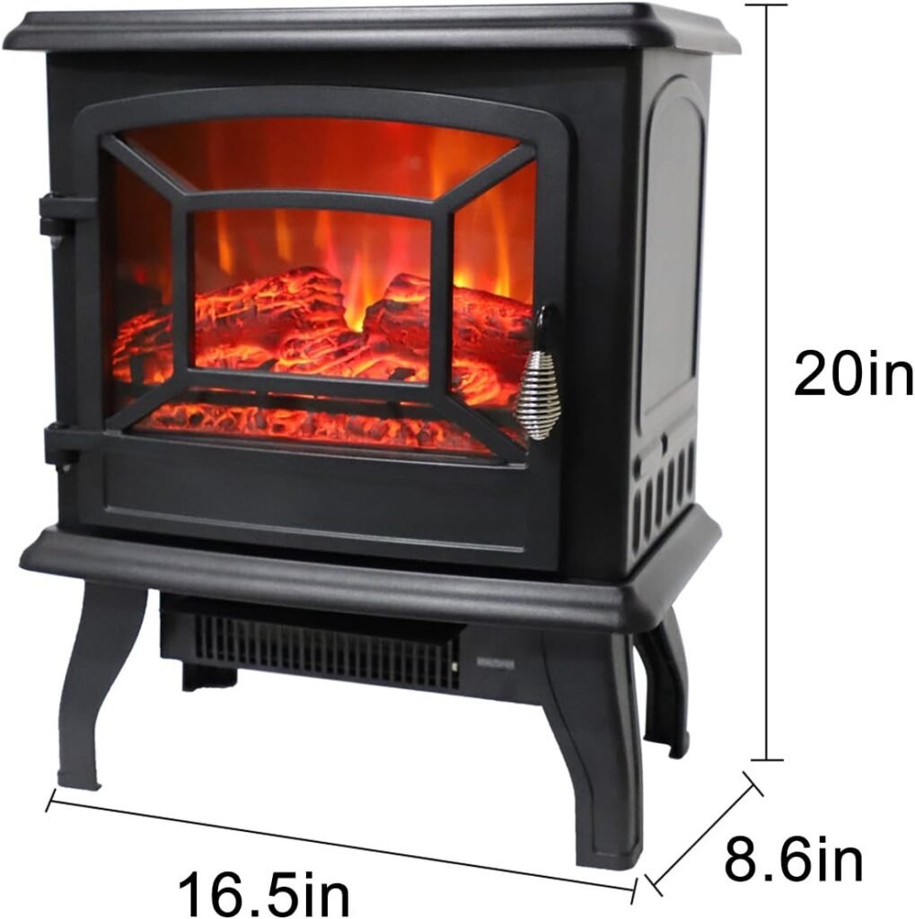 ROVSUN 20 H Electric Fireplace Stove Space Heater 1400W Portable Freestanding with Thermostat, Realistic Flame Logs Vintage Design for Corners, 110V,CSA Approved