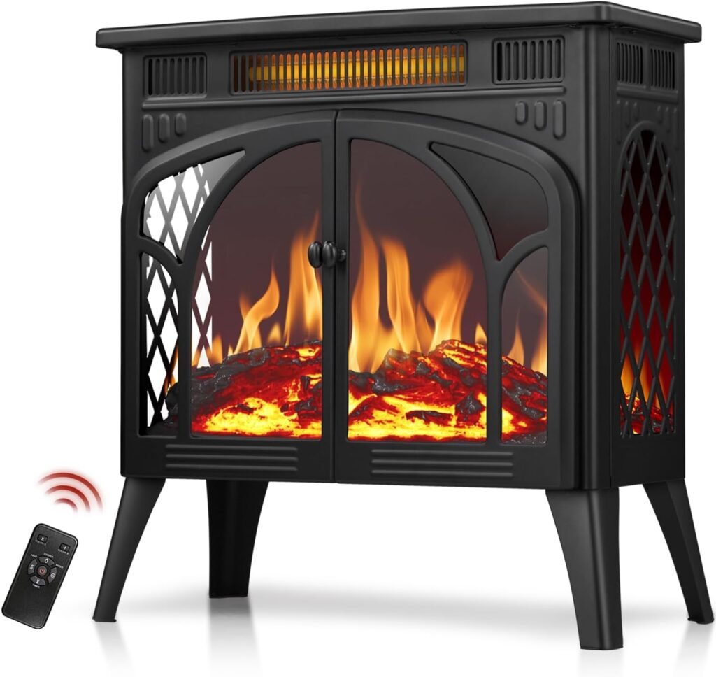 R.W.FLAME Electric Fireplace Heater 25 with Remote Control, Cathedral Stylish, Different Flame Effects and Log Set Colors, Adjustable Brightness and Heating Mode, Overheating Safe Design