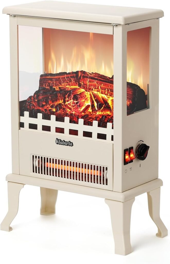 TURBRO Suburbs TS17Q Infrared Electric Fireplace Stove, 19 Freestanding Stove Heater with 3-Sided View, Realistic Flame, Overheating Protection, CSA Certified, for Small Spaces, Bedroom - 1500W Ivory