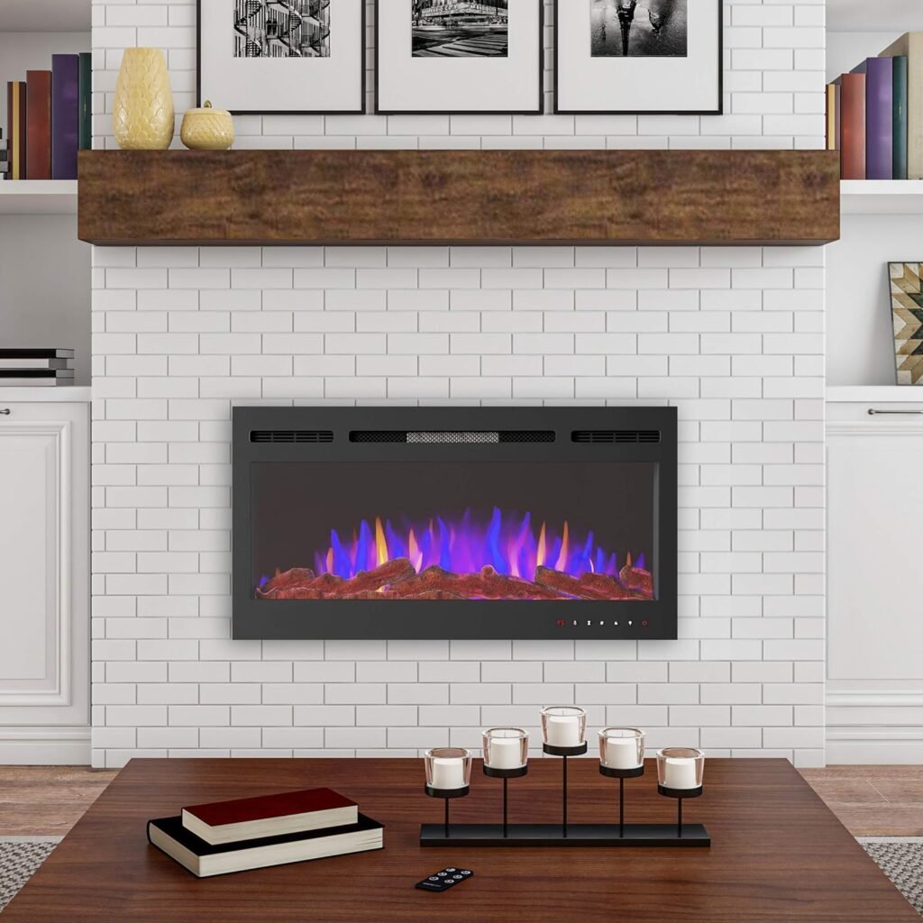 36-Inch Electric Fireplace - Wall Mount or Recessed Heater with Front Vent, LED Colors, Brightness and Media Options, and Remote by Northwest (Black)