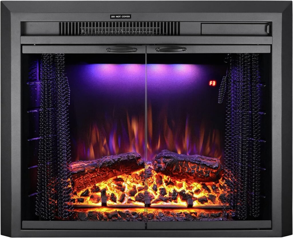 Benrocks 25 Electric Fireplace Inserts with Glass Door, Recessed Electric Fireplace Heater with Fire Crackling Sound, Adjustable Top Light  Flame Speed, Overheating Protection, 750/1500W Black