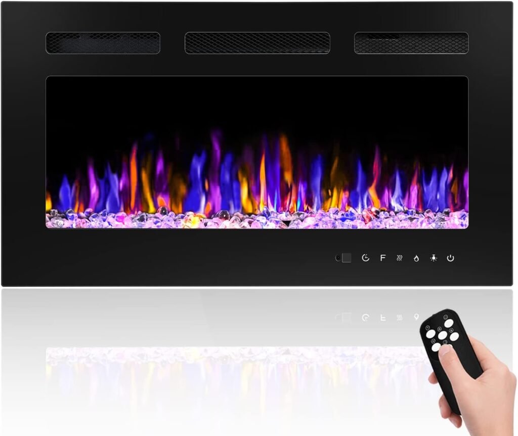 BETELNUT 30 Electric Fireplace Wall Mounted and Recessed with Remote Control, 750/1500W Ultra-Thin Wall Fireplace Heater W/Timer Adjustable Flame Color and Brightness, Log Set  Crystal Options