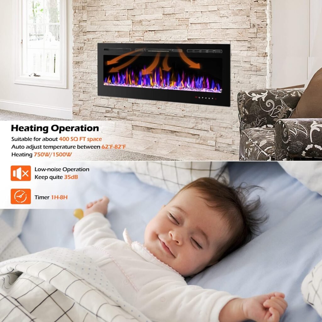 BETELNUT 30 Electric Fireplace Wall Mounted and Recessed with Remote Control, 750/1500W Ultra-Thin Wall Fireplace Heater W/Timer Adjustable Flame Color and Brightness, Log Set  Crystal Options