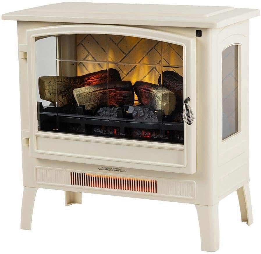 Country Living Infrared Freestanding Electric Fireplace Stove Heater in Cream | Provides Supplemental Zone Heat with Remote, Multiple Flame Colors, Metal Design with Faux Wooden Logs