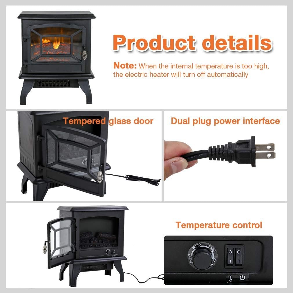 Electric Fireplace Heater Stove Portable Space Heater  Freestanding Stove Heater with Realistic Flame for Home Office with Realistic Log Flame Effect 1500W CSA Approved Safety 20 Wx17 Hx10 D,Black
