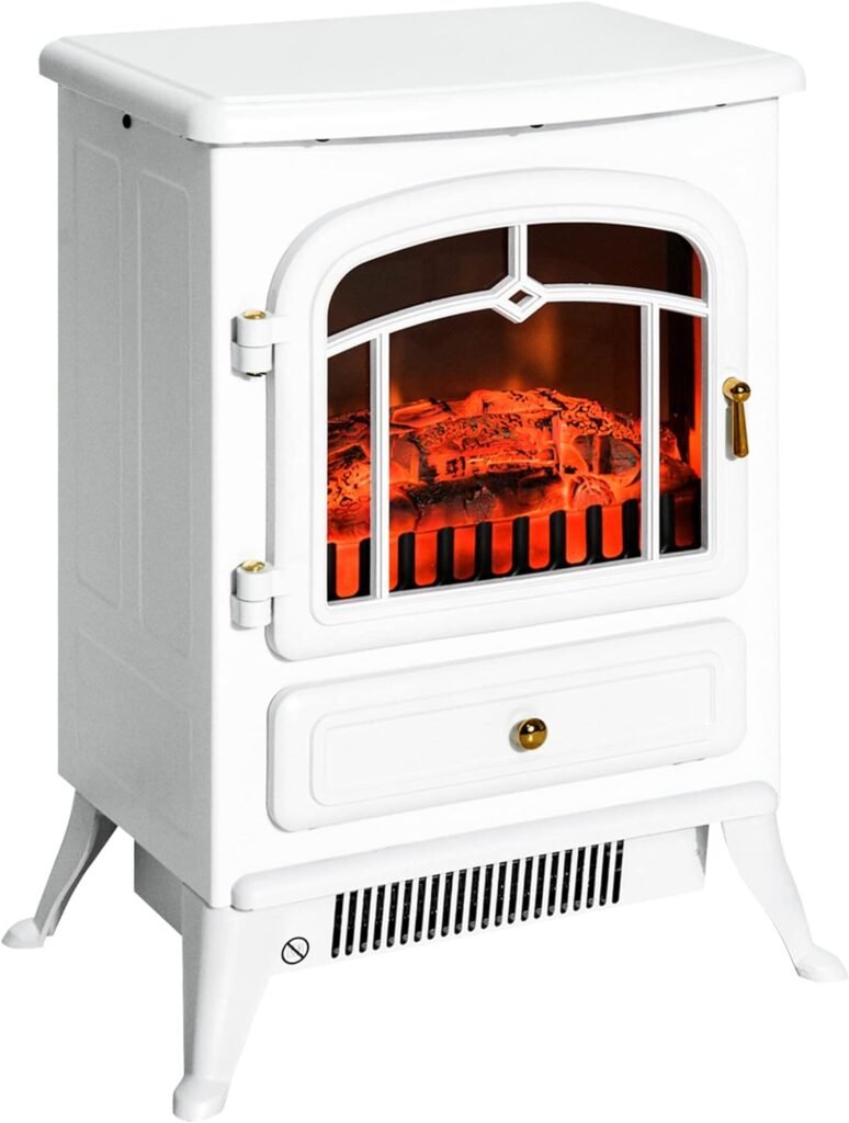 HOMCOM 22 Electric Fireplace Heater, Freestanding Fire Place Stove with Realistic LED Flames and Logs, and Overheating Protection, 750W/1500W, White