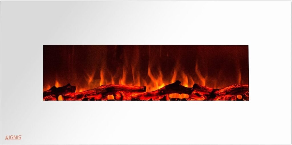 Ignis Royal White 50 inch Wall Mount Electric Fireplace with Logs CSA US Certified (Could be recessed with no Heat)