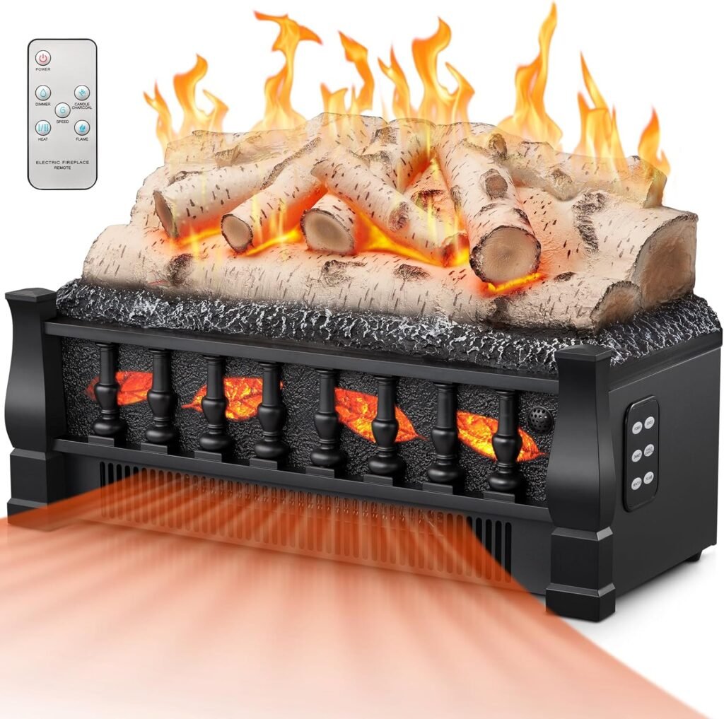 Joy Pebble Electric Fireplace Insert Log Heater 21, 750W/1500W Adjustable 5 Flame BrightnessSpeed, Fireplace Insert with Realistic Ember BedWhitish Gray Log, Overheat ProtectionRemote Control