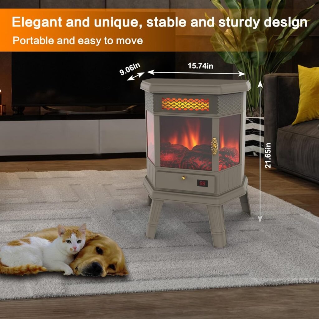 RealSmart Electric Fireplace Heater 24 Freestanding Fireplace Stove Infrared Fireplace with 3D Flame Effect Remote Control, Timer, Overheating Protection Heater for Indoor Use Brown