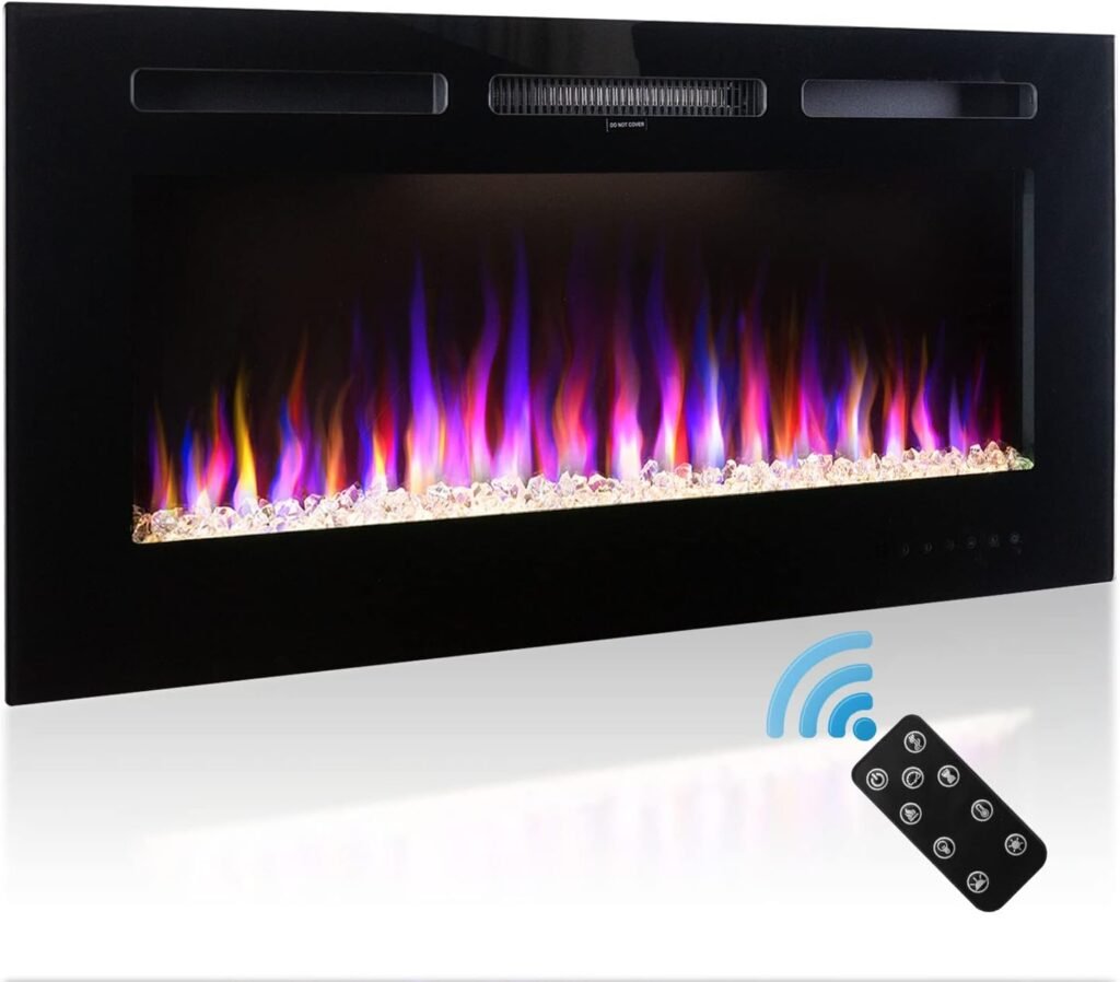 S-THROUGH 42 Inch Electric Fireplace Wall Mounted and Recessed, Linear Electric Fireplace with Remote Control  Timer, Touch Screen, Adjustable Flame Color, 750w/1500w Ultra-Thin Wall Fireplace Heater