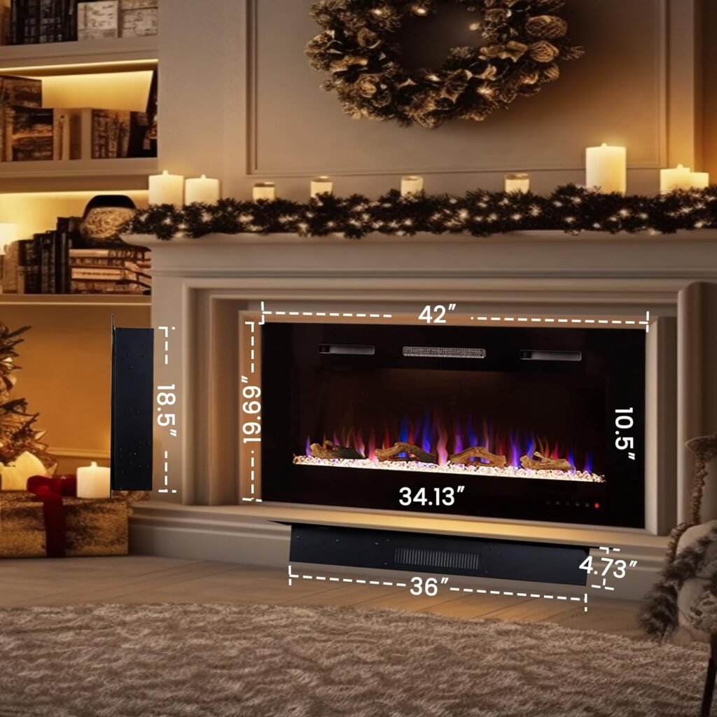 S-THROUGH 42 Inch Electric Fireplace Wall Mounted and Recessed, Linear Electric Fireplace with Remote Control  Timer, Touch Screen, Adjustable Flame Color, 750w/1500w Ultra-Thin Wall Fireplace Heater