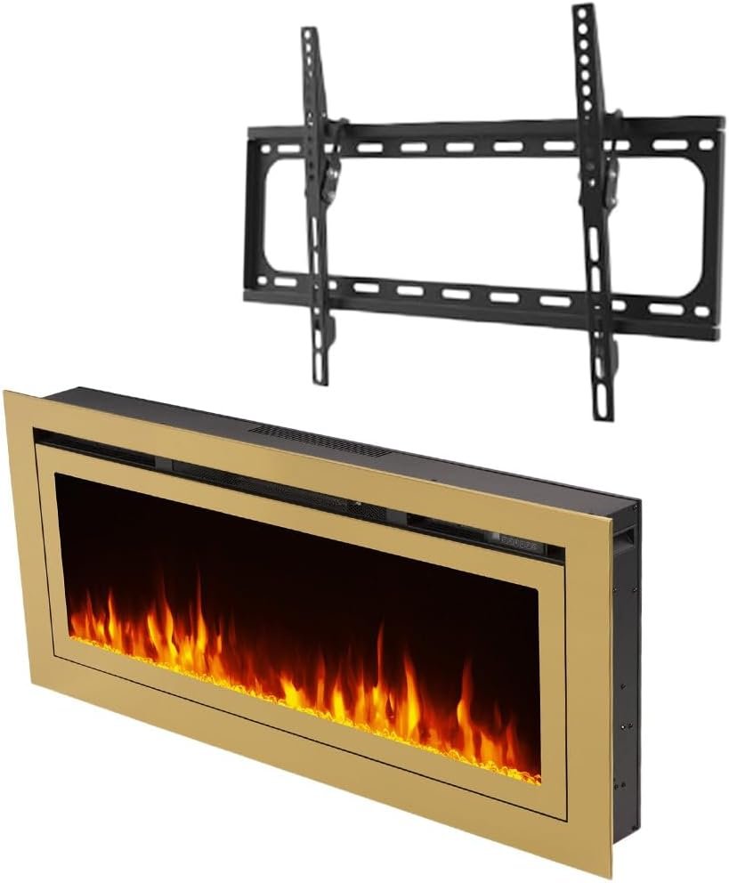 Touchstone Fireplace and TV Mount Bundle - Sideline Deluxe™ 60 Inch Wide Gold Smart Electric Fireplace and Low Profile TV Wall Mount Bracket