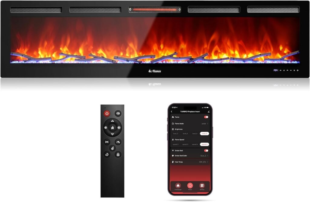 TURBRO 72” Smart WiFi Infrared Electric Fireplace with Sound Crackling and Realistic Flame, 1500W Quartz Heater, Recessed or Wall Mounted, Adjustable Flame Effects, Remote Control and App, in Flames