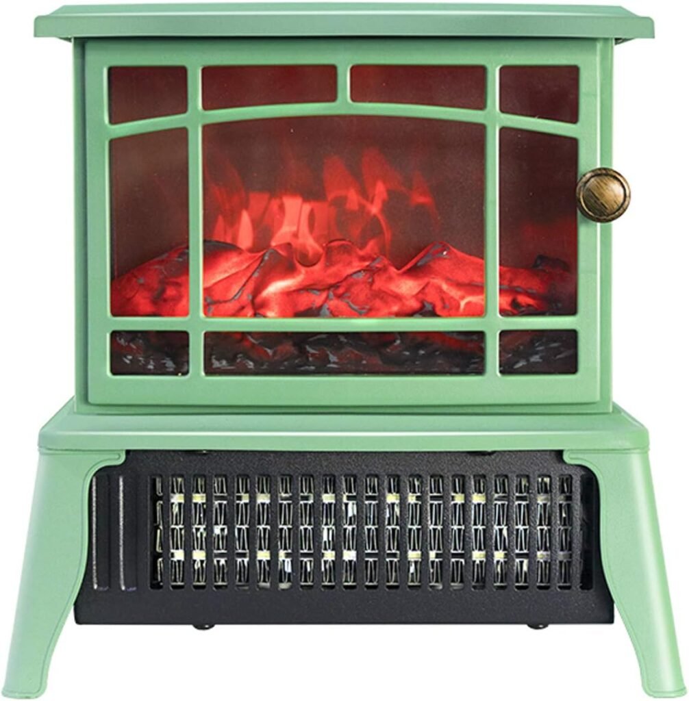 Wgwioo Compact Electric Stove Fire Heater with Realistic Led Flame Effect, Overheat Protection, 2 Heat Settings 750-1500W, Green