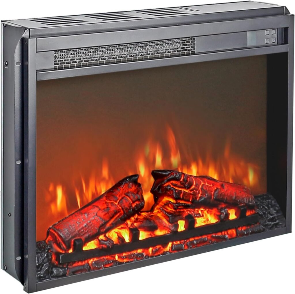23 Inch Electric Fireplace Insert Realistic Log Flame Effect Infrared Heater with Remote Adjustable Brightness Overheat Safety Timer Wall Mounted or Freestanding Black
