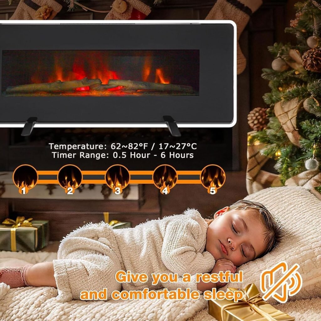 36 Electric Fireplace Wall Mounted and Recessed with Remote Control, 1400W Ultra-Thin Wall Fireplace Heater W/6H Timer Adjustable Flame and Brightness