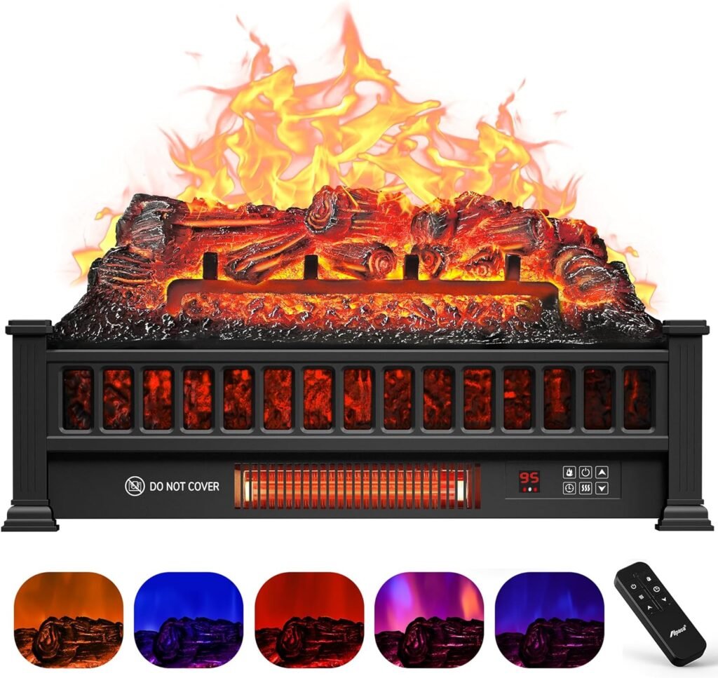 Alpaca Electric Fireplace Logs 23-Inch, Remote Controller Fireplace Insert Log Heater, Adjustable Flame Colors, Realistic Fake firewood Flame, Overheat Protection, Timer,Thermostat,1500W Black
