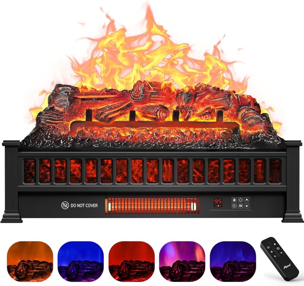 Alpaca Electric Fireplace Logs 23-Inch, Remote Controller Fireplace Insert Log Heater, Adjustable Flame Colors, Realistic Fake firewood Flame, Overheat Protection, Timer,Thermostat,1500W Black