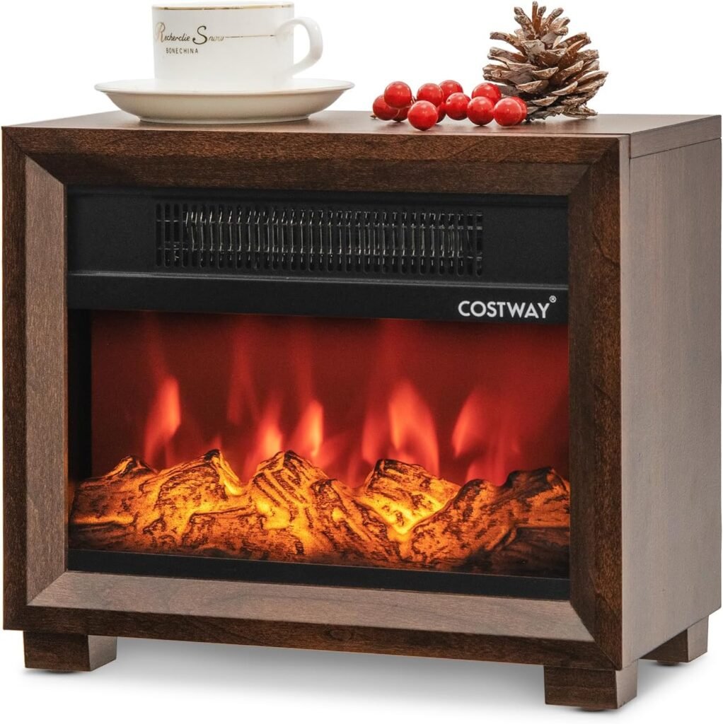 COSTWAY 13 Inch Small Electric Fireplace Heater, Mini Wooden Fireplaces Stove w/Vivid Flame Effect, Overheat Protection, 750W Portable Tabletop Fireplace for Indoor Use, Living Room, Bedroom, Brow