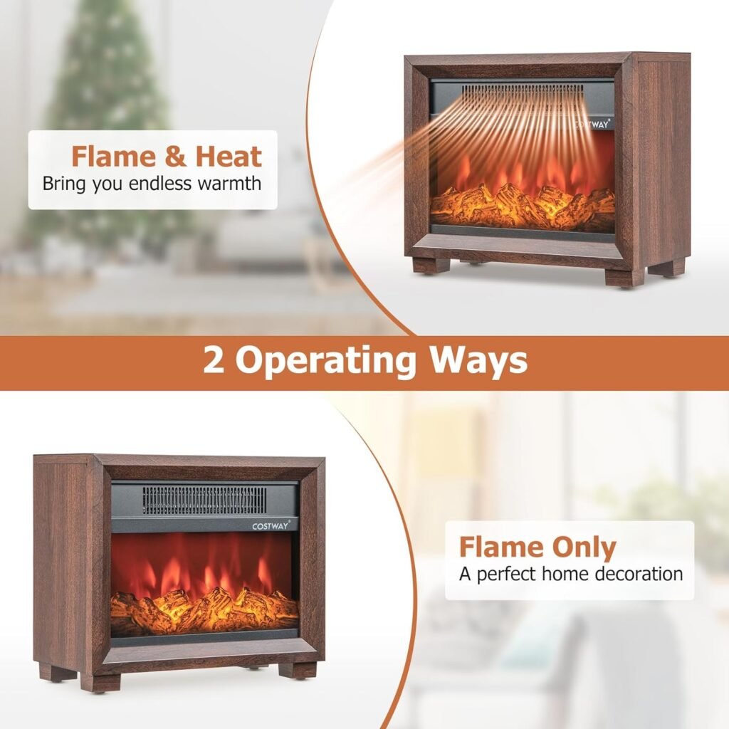 COSTWAY 13 Inch Small Electric Fireplace Heater, Mini Wooden Fireplaces Stove w/Vivid Flame Effect, Overheat Protection, 750W Portable Tabletop Fireplace for Indoor Use, Living Room, Bedroom, Brow