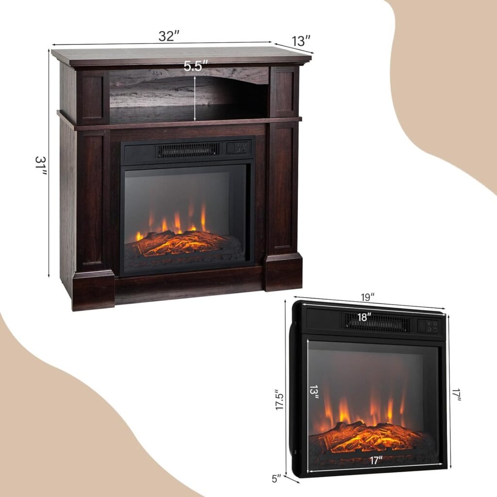 COSTWAY 32-inch Electric Fireplace with Mantel, 1400W Adjustable Freestanding Heater with Remote Control, Thermostat Design, 6H Timer, 3D Flame Brightness, Mantel Fireplace for Living Room, Brown