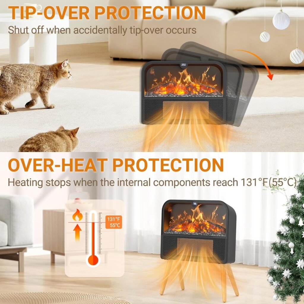 Electric Fireplace Heater, Freestanding Electric Fireplace with Realistic Flame  Solid Wood Stand, Portable Space Heater Fireplace for Indoor Use with 1-12H Timer, 59℉ to 95℉ Thermostat, 1500W