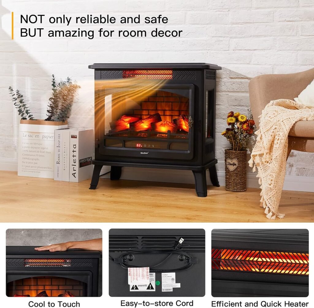 Electric Fireplace Infrared Heater 3D Freestanding Fireplace Stove Heater with Remote Control, Timer, Adjustable Flame Effect, Upgraded Safety Protection 24