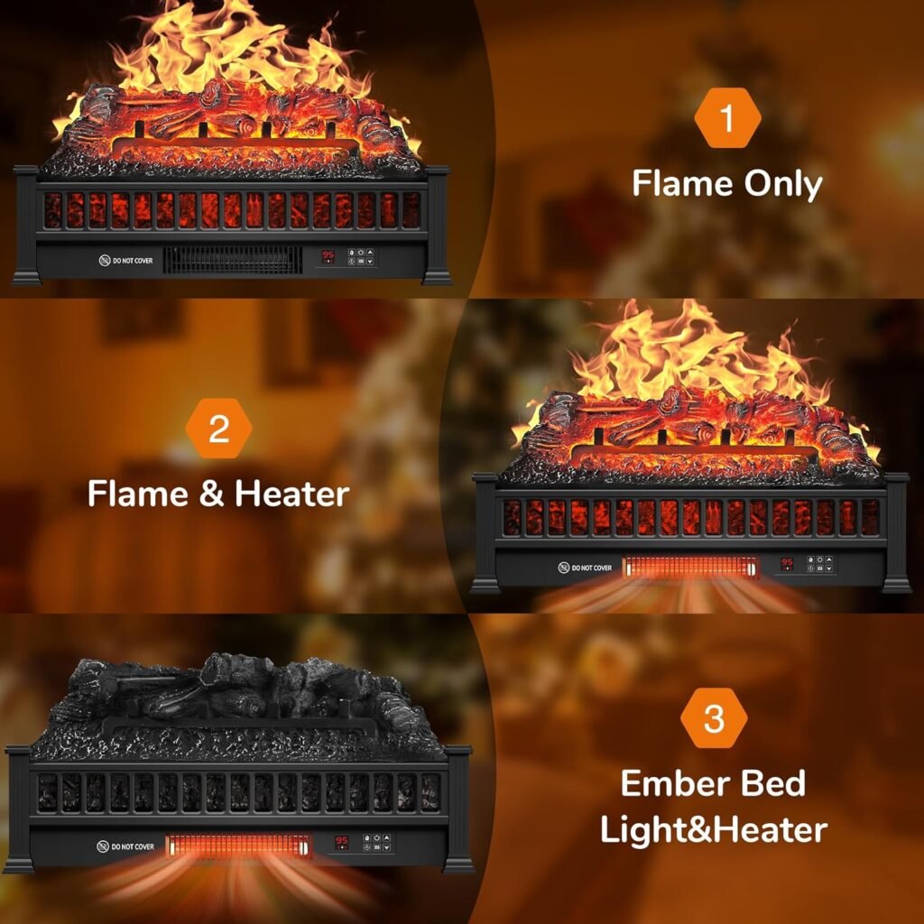 Electric Fireplace Logs 23-Inch, Remote Controller Fireplace Insert Log Heater, Adjustable Flame Colors, Realistic Fake firewood Flame, Overheat Protection, Timer,Thermostat,1500W Black