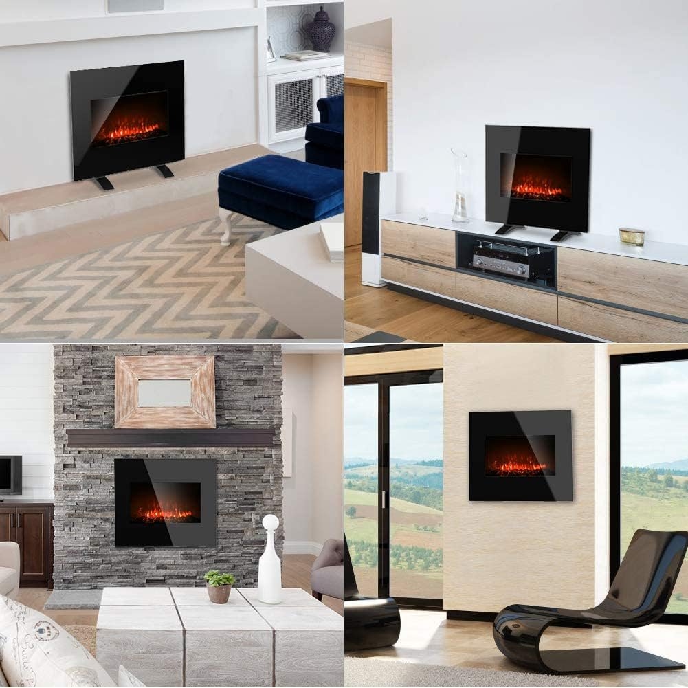 Electric Fireplace Wall Mounted Heater, 1500W Freestanding Fireplace Heater with 10 Colorful Flame Brightness Adjustment, 3D Realistic Flame Effect, Full Screen Glass  Remote Control, 26 Inch