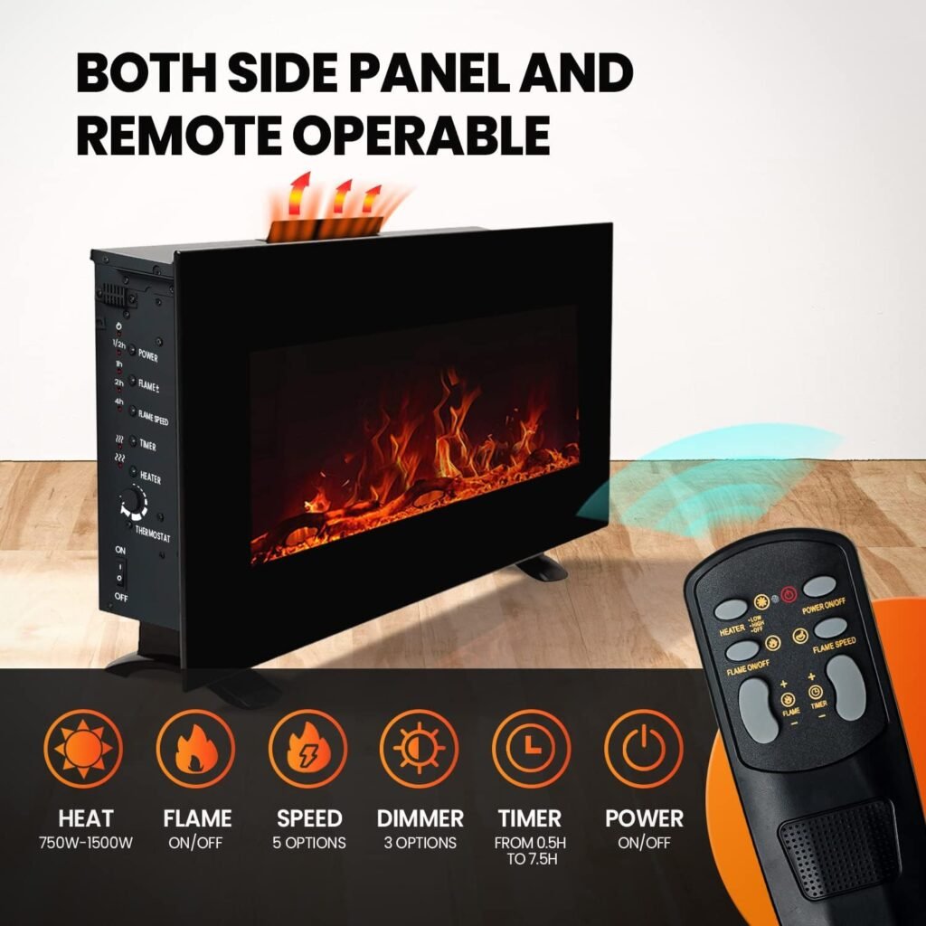 FLAMESHADE Wall Mounted Electric Fireplace, 34-Inch Wide Flat Screen, Freestanding or Hanging Portable Room Heater with Remote