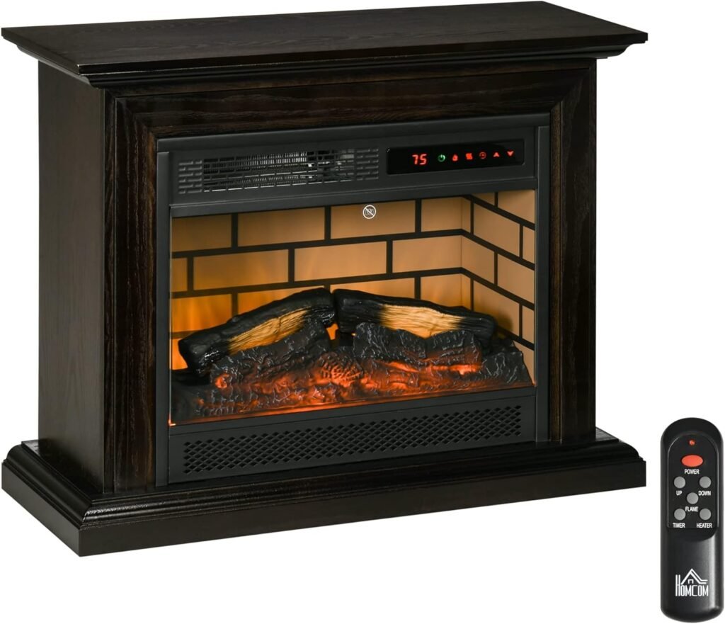 HOMCOM 31 Electric Fireplace with Dimmable Flame Effect and Mantel, Freestanding Space Heater with Log Hearth and Remote Control, 1400W, Brown