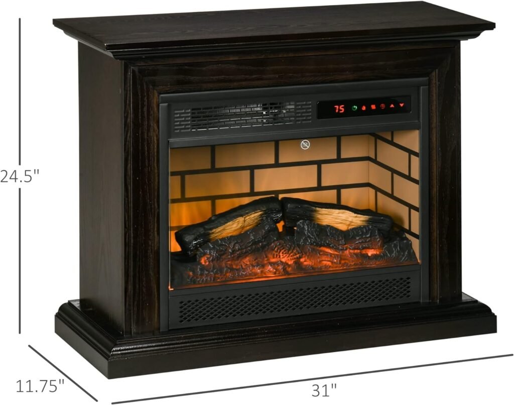 HOMCOM 31 Electric Fireplace with Dimmable Flame Effect and Mantel, Freestanding Space Heater with Log Hearth and Remote Control, 1400W, Brown