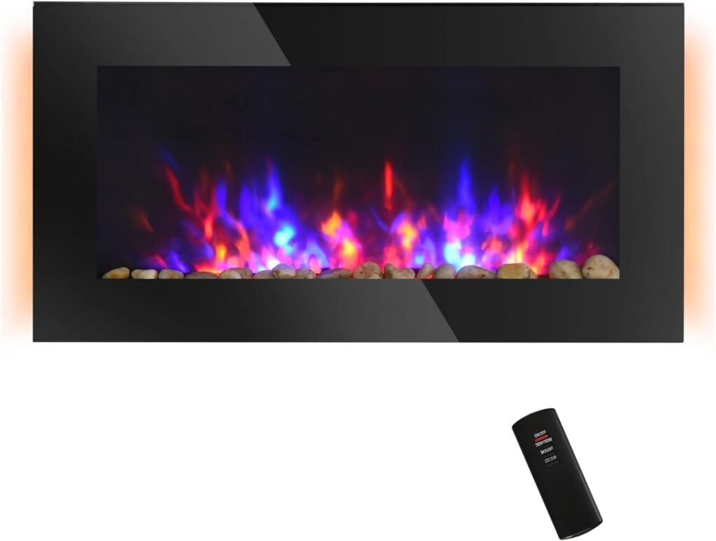 HOMCOM 36 1500W Electric Wall-Mounted Fireplace with Flame Effect, 7 Color Background Light and Side Light, Black
