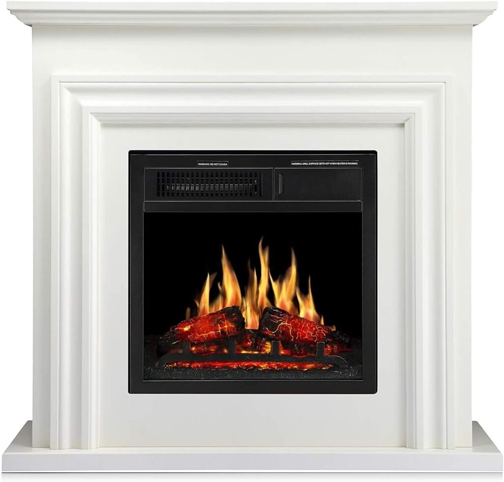 R.W.FLAME 27” Electric Fireplace Mantel Wooden Surround Firebox, TV Stand with Freestanding Electric Fireplace, Remote Control, Adjustable Led Flame, 750W/1500w Off White