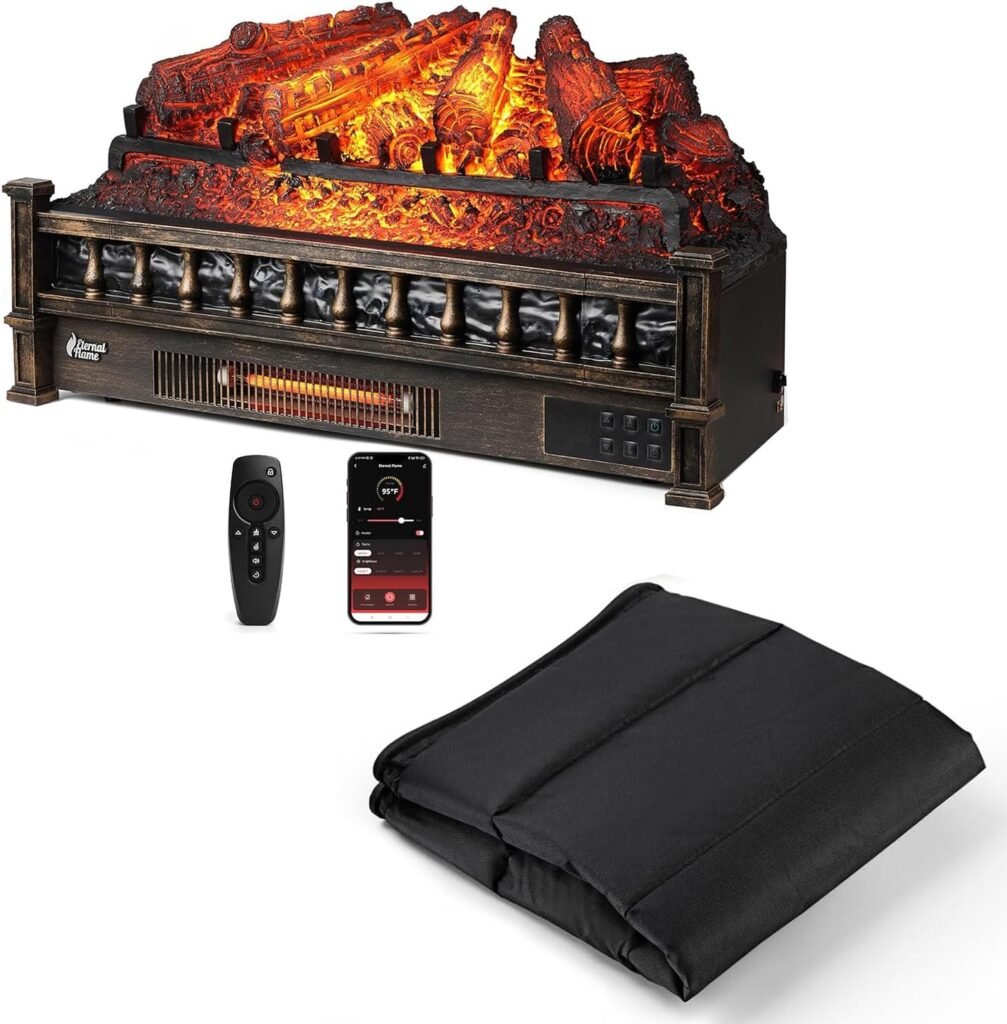 TURBRO Eternal Flame 26 in. WiFi Infrared Quartz Electric Fireplace Log Heater with Sound Crackling with 39 W x 32 H Fireplace Cover