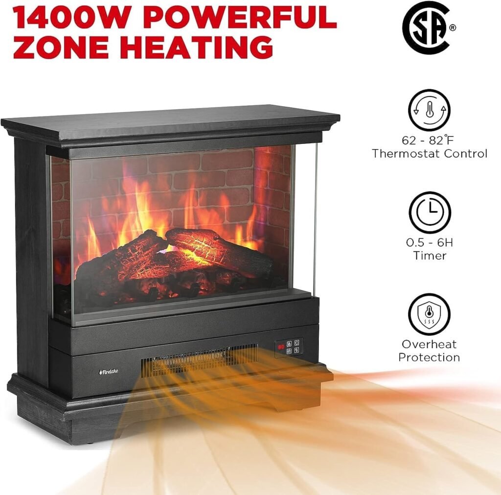 TURBRO Firelake 27-Inch Electric Fireplace Heater - Freestanding Fireplace with Mantel, No Assembly Required - 7 Adjustable Flame Effects, Overheating Protection, CSA Certified - 1400W, Black Walnut