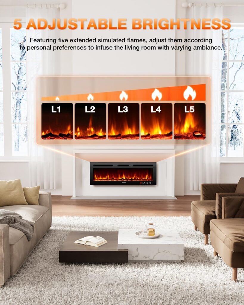 VISVEIL Electric Fireplace 60Inch,Realistic Flame Electric Fireplace Heater,Log Set/Crystal Flames 750-1500W with Timer Inserts/Wall Mounted/TV Stand Touch Screen  Remote for Living Room Easy Install