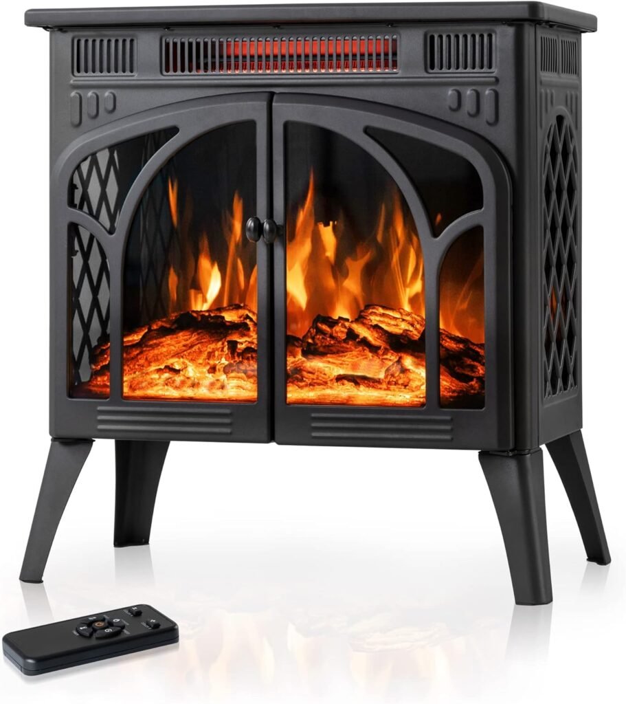 24Inch Electric Fireplace Stove , Free-Standing Infrared Fireplace Stove, Controllable 3D Flame, 4 Variable FlameLog Colors, 1500w, 5100BTU, Black (S230B-BLACK), 23.5L X 10.7W X 24.3H