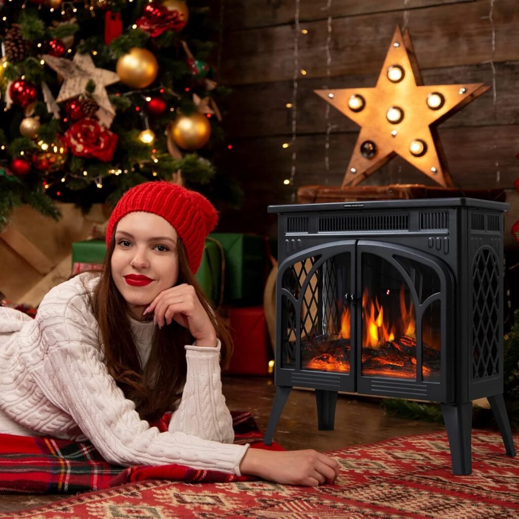 24Inch Electric Fireplace Stove , Free-Standing Infrared Fireplace Stove, Controllable 3D Flame, 4 Variable FlameLog Colors, 1500w, 5100BTU, Black (S230B-BLACK), 23.5L X 10.7W X 24.3H