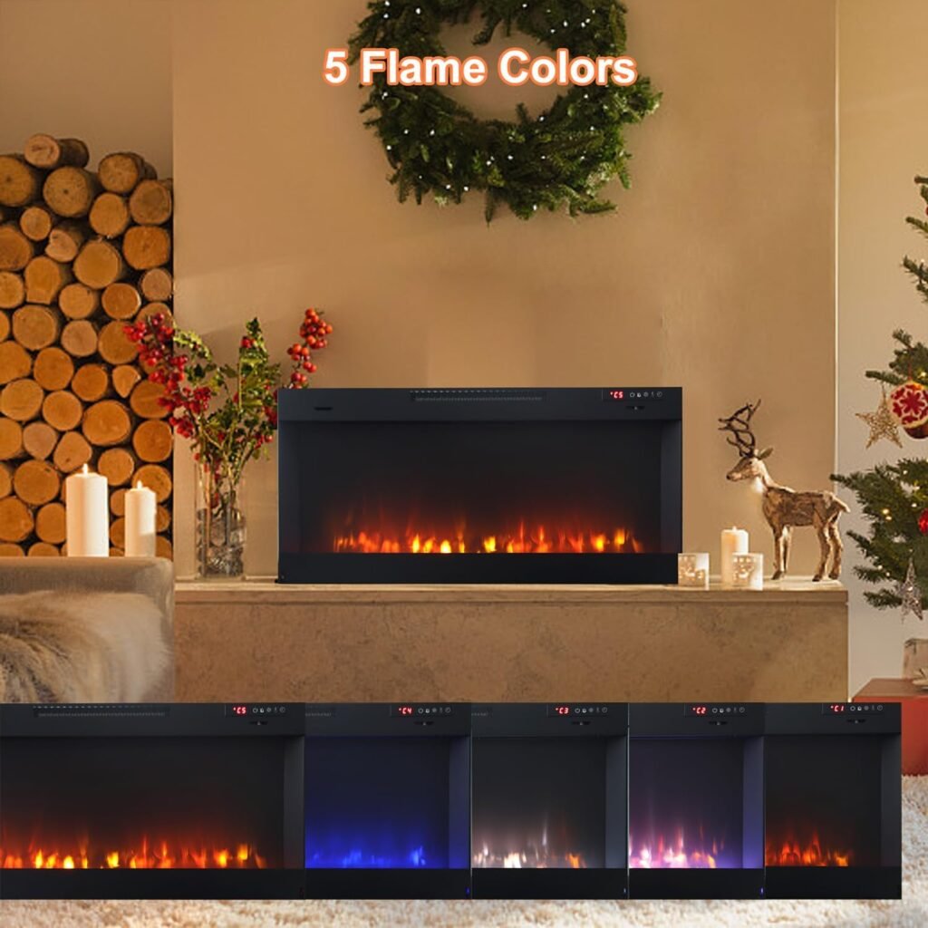 36 Inch Electric Fireplace Heater Wall Mounted and Freesatnding with Remote Control, Linear Electric Fireplace Inserts Adjustable Flame Brightness, Timer, 1500W Heater, Large Window and Indoor Use