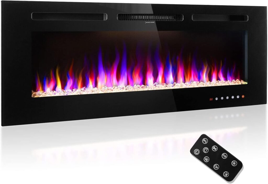 50 Inch Electric Fireplace, Ultra-Thin Wall Mounted or Insert Electric Heater, Home Decorative Fireplace, Low Noise, Touch Screen, Adjustable Flame Color, Log Set, Crystal, 750w/1500w
