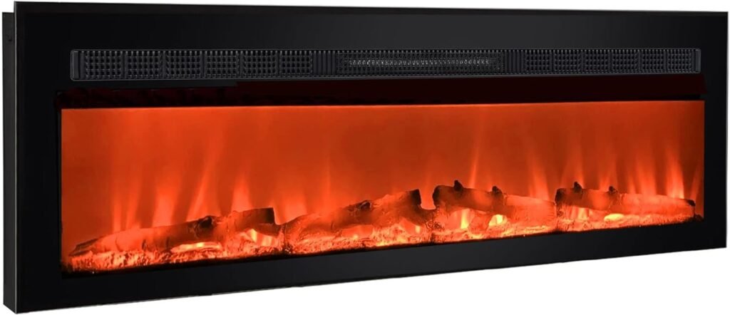 50 Inches Electric Fireplace with 20 Realistic Flames, Ultra Thin Wall Mounted Fireplace with Remote Control, Log Set  Crystals, Independent Flame and Heat Control for Year-Round Use, Black